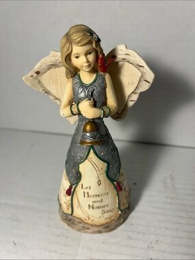 Cream and Gray Angel Figurine with Red Bird Decorative Accent